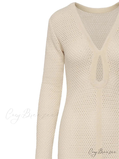 Elegant Women Knitted Sleeve Deep V Neck Front Hollow Out Solid Color Slim Beach Vestidos