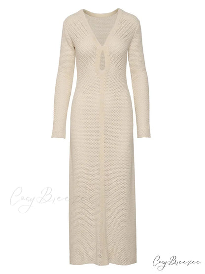 Elegant Women Knitted Sleeve Deep V Neck Front Hollow Out Solid Color Slim Beach Vestidos