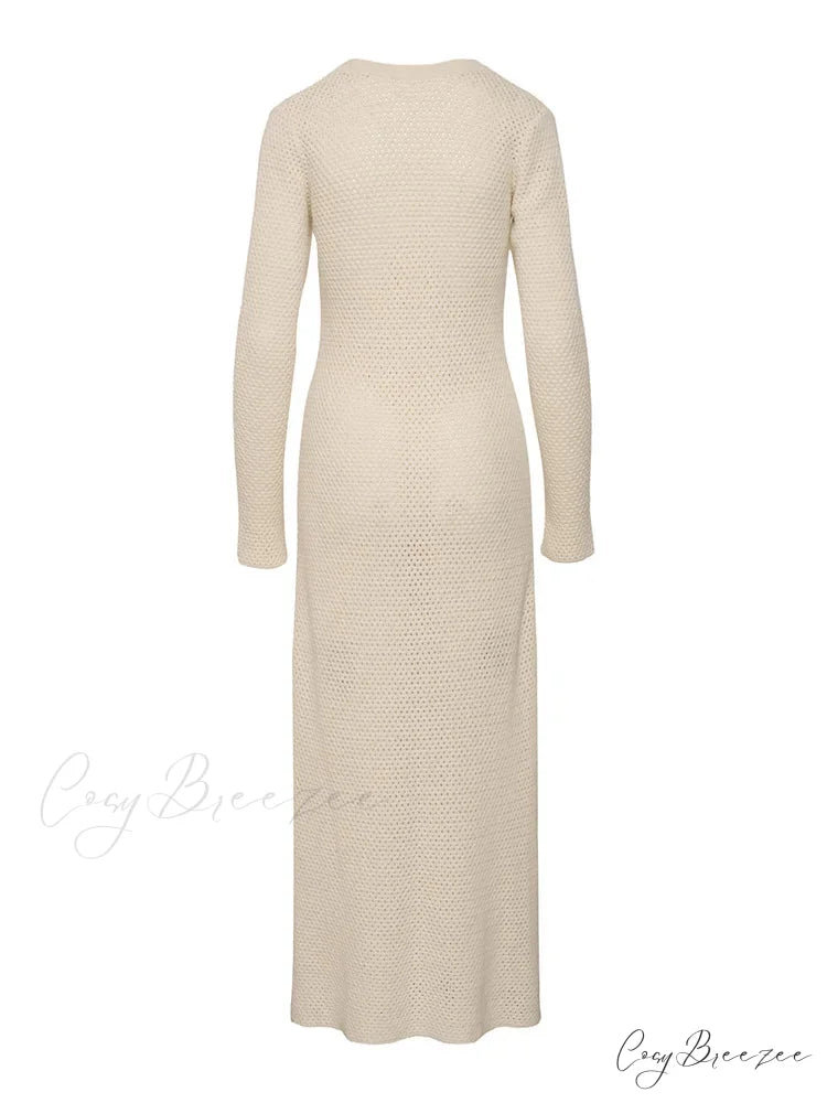 Elegant Women Knitted Sleeve Deep V Neck Front Hollow Out Solid Color Slim Beach Vestidos