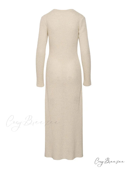 Elegant Women Knitted Sleeve Deep V Neck Front Hollow Out Solid Color Slim Beach Vestidos
