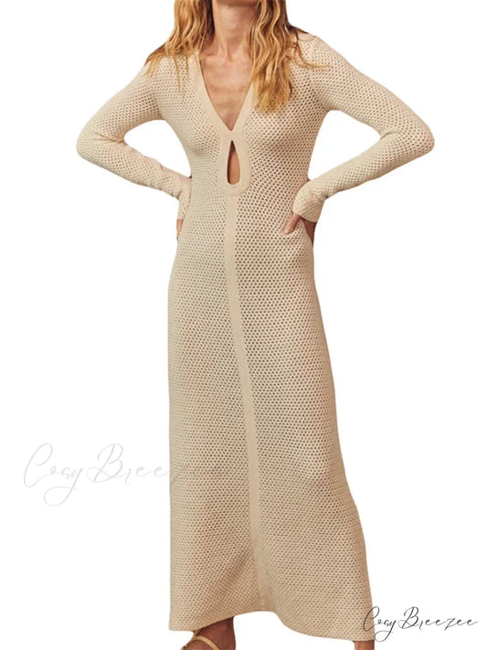 Elegant Women Knitted Sleeve Deep V Neck Front Hollow Out Solid Color Slim Beach Vestidos BEIGE / S