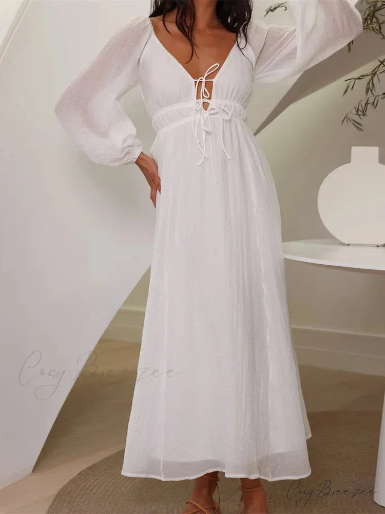 Elegant Women Mesh See Through Lantern Sleeve Deep V-neck Solid White High Waist Party Beach Vestidos