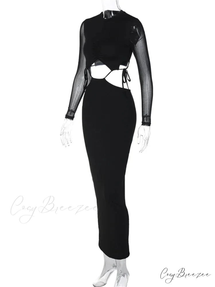 Elegant Women Mesh See Through Sleeve O-Neck Waist Hollow Out Tie-up Cocktail Spring Autumn Vestidos