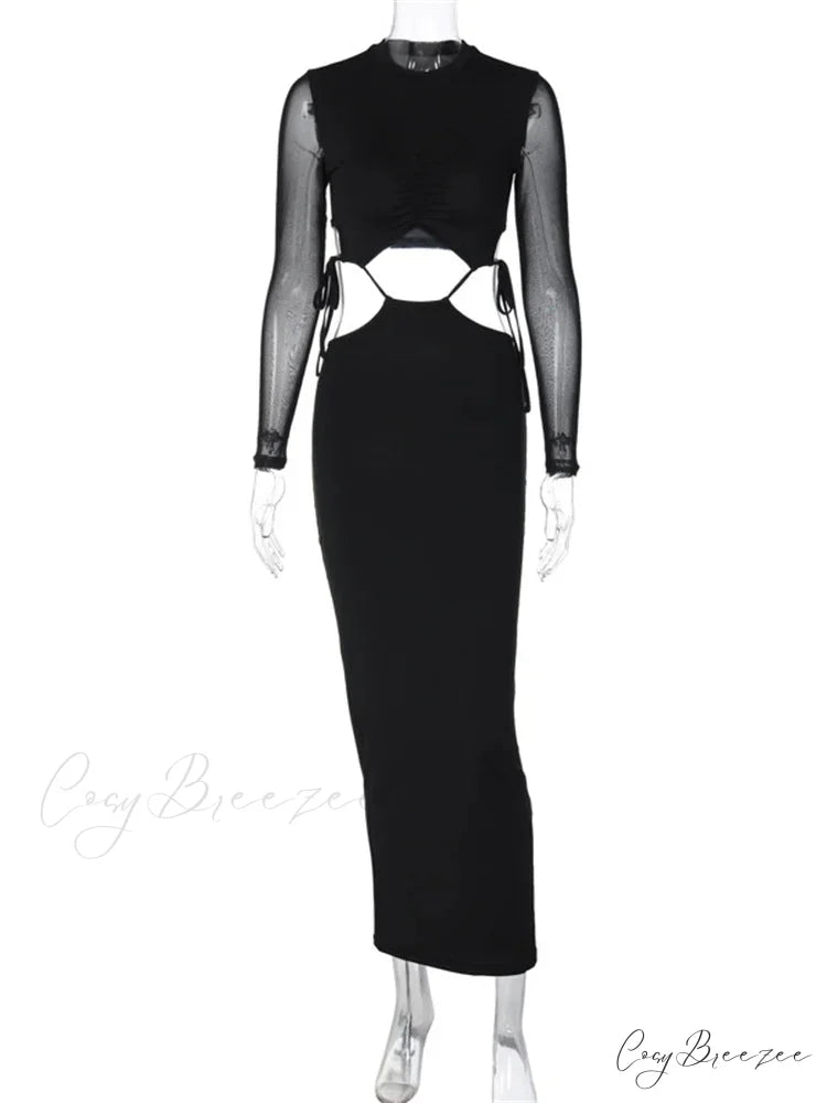 Elegant Women Mesh See Through Sleeve O-Neck Waist Hollow Out Tie-up Cocktail Spring Autumn Vestidos