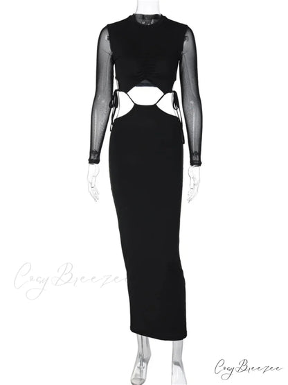Elegant Women Mesh See Through Sleeve O-Neck Waist Hollow Out Tie-up Cocktail Spring Autumn Vestidos