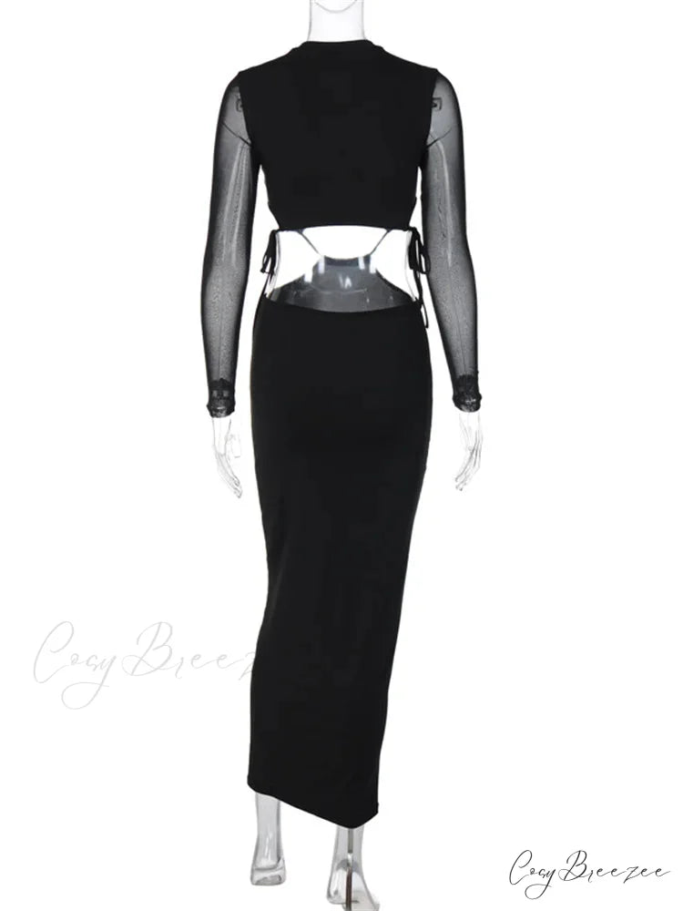 Elegant Women Mesh See Through Sleeve O-Neck Waist Hollow Out Tie-up Cocktail Spring Autumn Vestidos