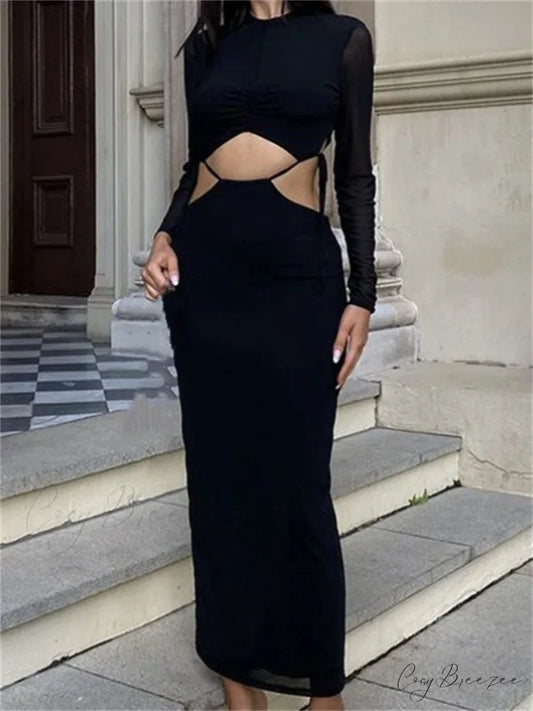 Elegant Women Mesh See Through Sleeve O-Neck Waist Hollow Out Tie-up Cocktail Spring Autumn Vestidos Black / S