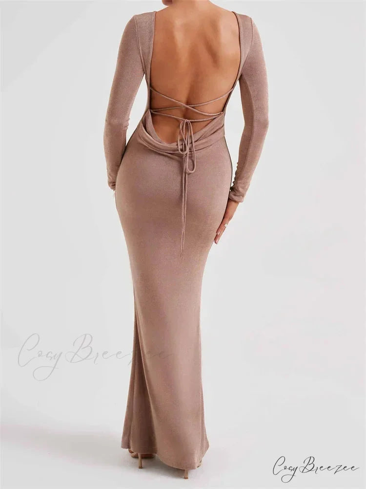 Elegant Women Party Backless Criss-cross Tie-up Bodycon Formal Club Sleeve Solid Female Vestido BEIGE / S