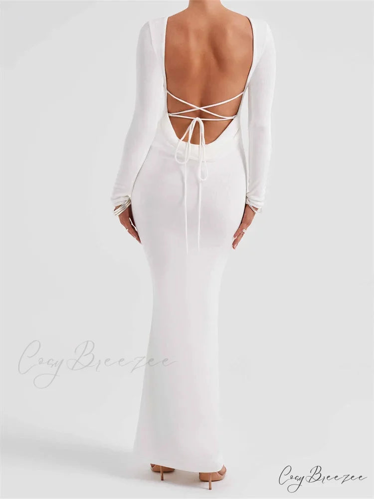 Elegant Women Party Backless Criss-cross Tie-up Bodycon Formal Club Sleeve Solid Female Vestido WHITE / S