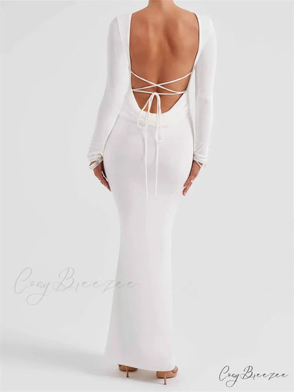 Elegant Women Party Backless Criss-cross Tie-up Bodycon Formal Club Sleeve Solid Female Vestido WHITE / S