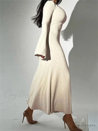 Elegant Women Ribbed Sleeve Square Neck Solid Slim Fit Fall Party Vestido Streetwear