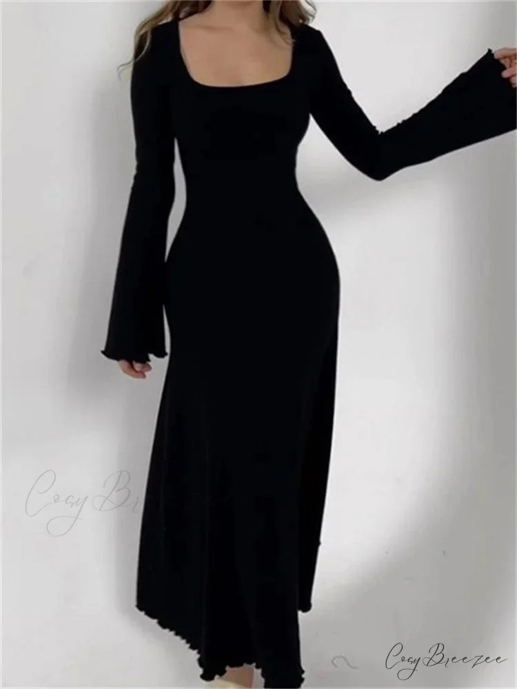 Elegant Women Ribbed Sleeve Square Neck Solid Slim Fit Fall Party Vestido Streetwear BLACK / S