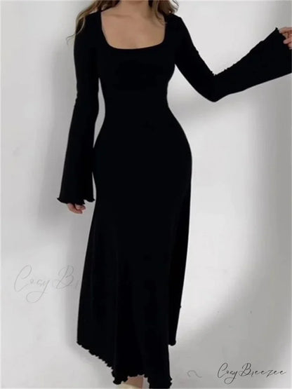 Elegant Women Ribbed Sleeve Square Neck Solid Slim Fit Fall Party Vestido Streetwear BLACK / S