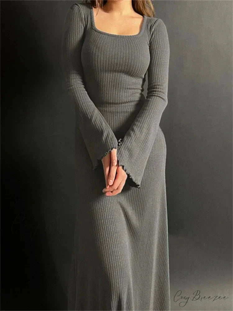 Elegant Women Ribbed Sleeve Square Neck Solid Slim Fit Fall Party Vestido Streetwear GRAY / S