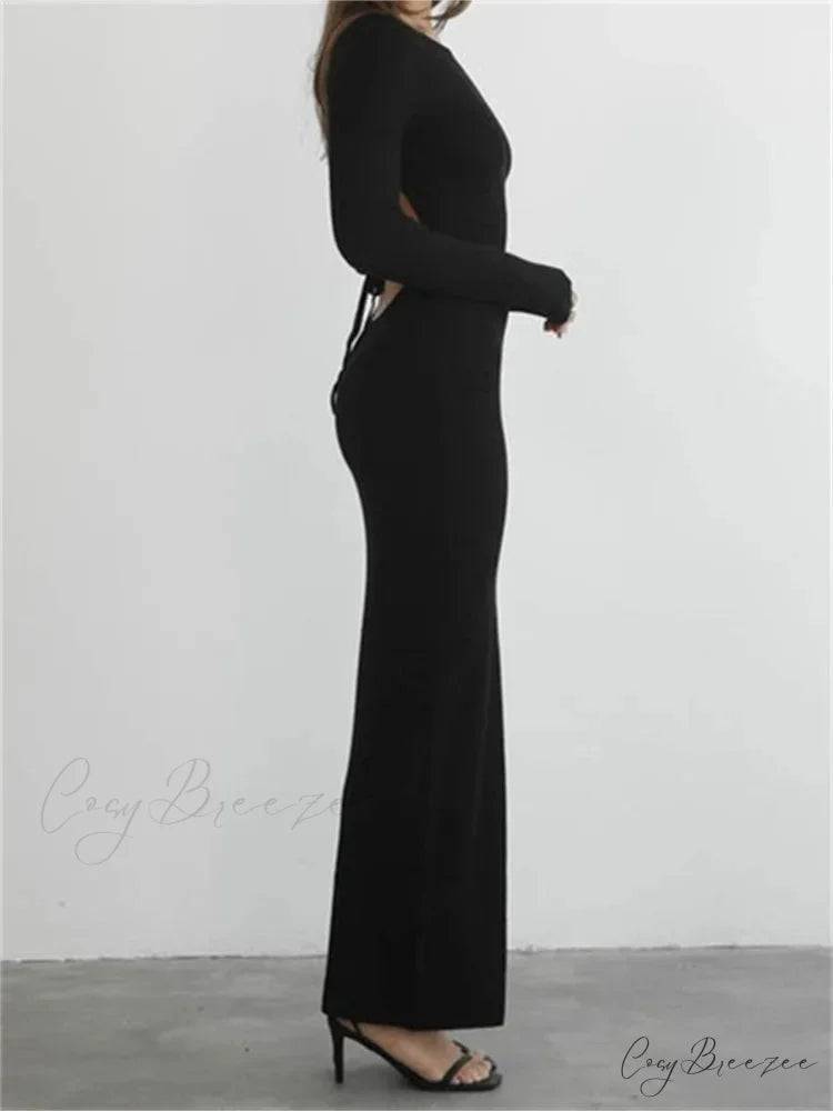 Elegant Women Round Neck Party Solid Color Sleeve Backless Tie Up Party Female Vestidos