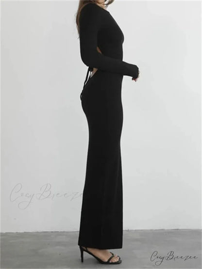 Elegant Women Round Neck Party Solid Color Sleeve Backless Tie Up Party Female Vestidos