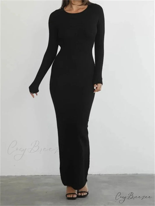 Elegant Women Round Neck Party Solid Color Sleeve Backless Tie Up Party Female Vestidos Black / S