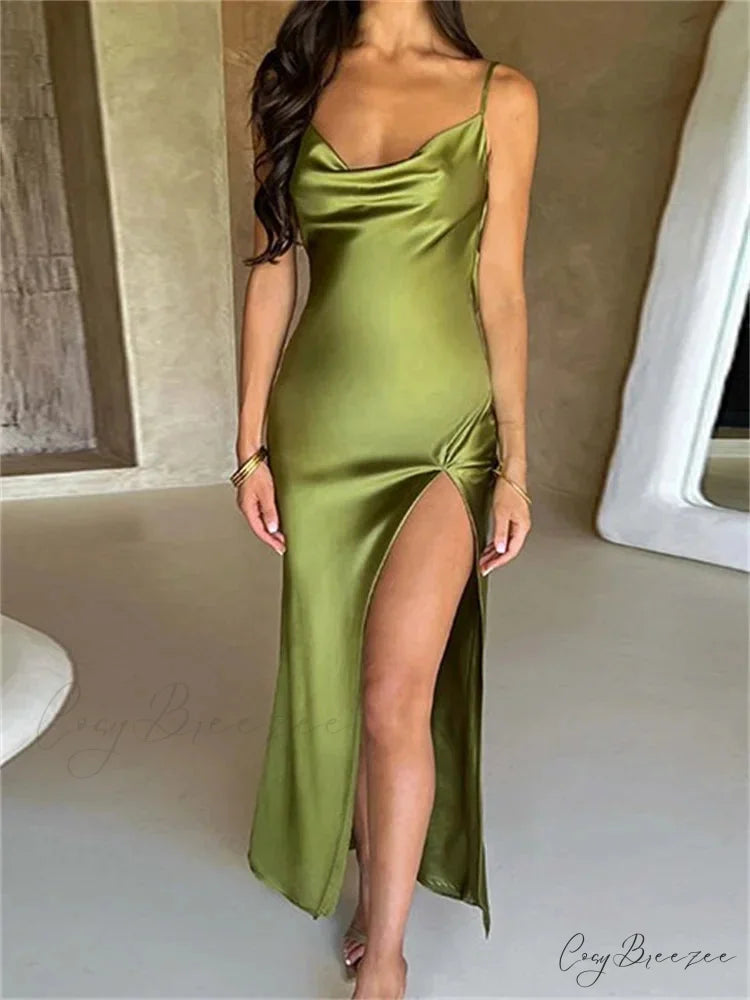 Elegant Women Satin V-neck Low Cut Spaghetti Strap Backless Ruched High Split Party Female Vestidos
