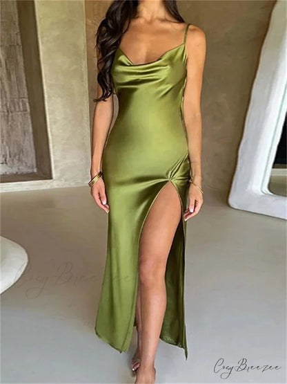 Elegant Women Satin V-neck Low Cut Spaghetti Strap Backless Ruched High Split Party Female Vestidos