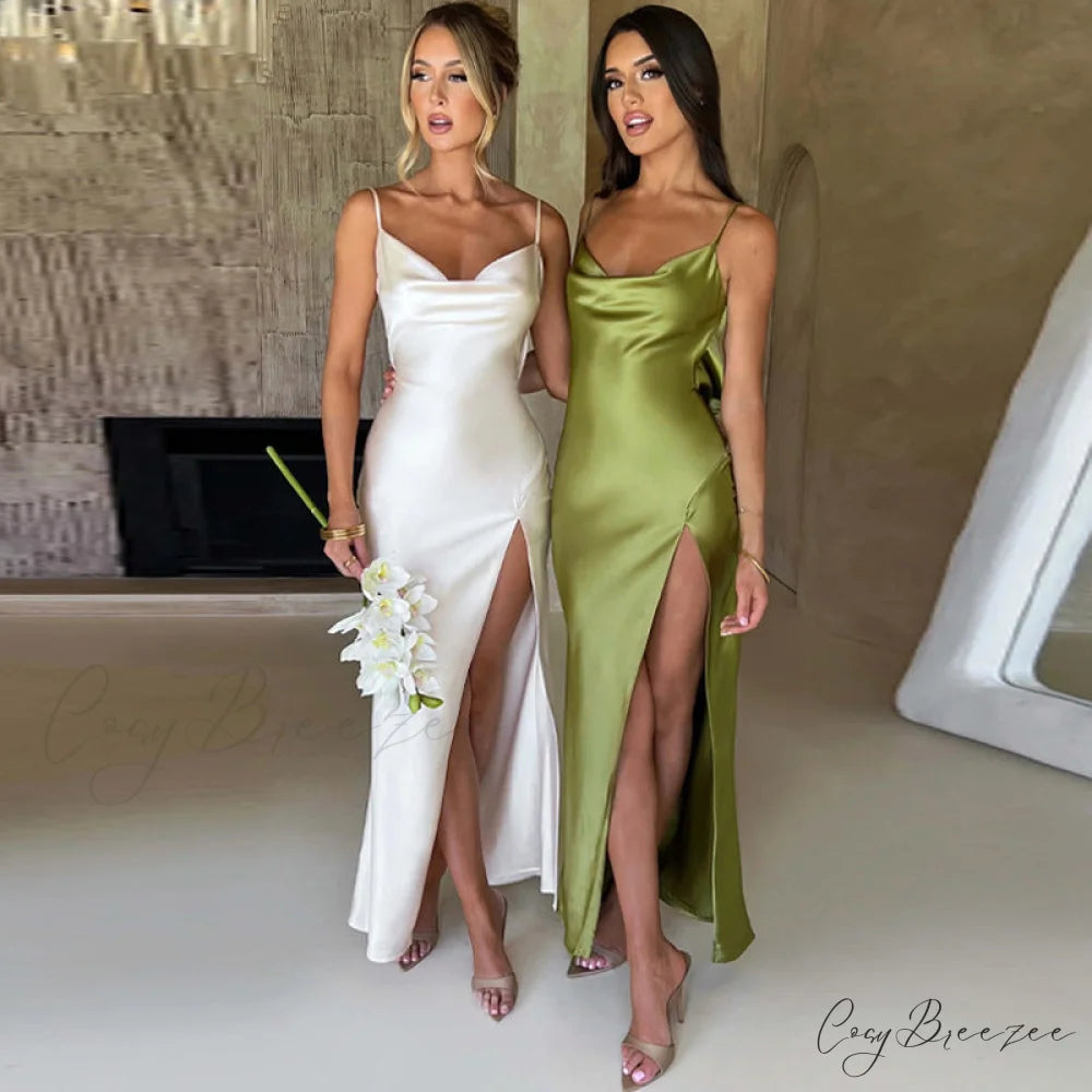 Elegant Women Satin V-neck Low Cut Spaghetti Strap Backless Ruched High Split Party Female Vestidos