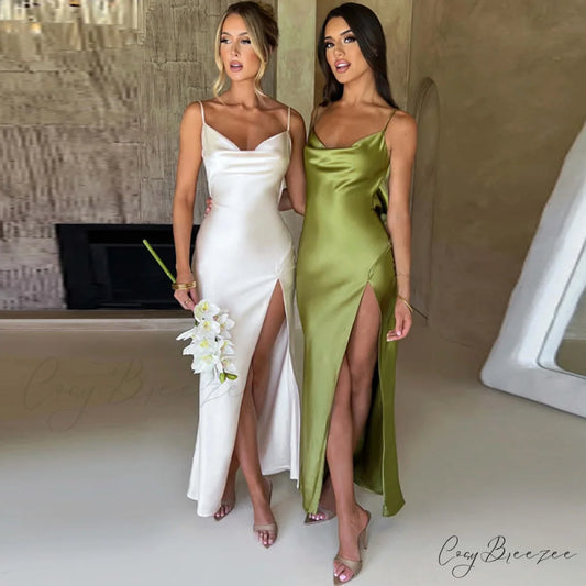 Elegant Women Satin V-neck Low Cut Spaghetti Strap Backless Ruched High Split Party Female Vestidos