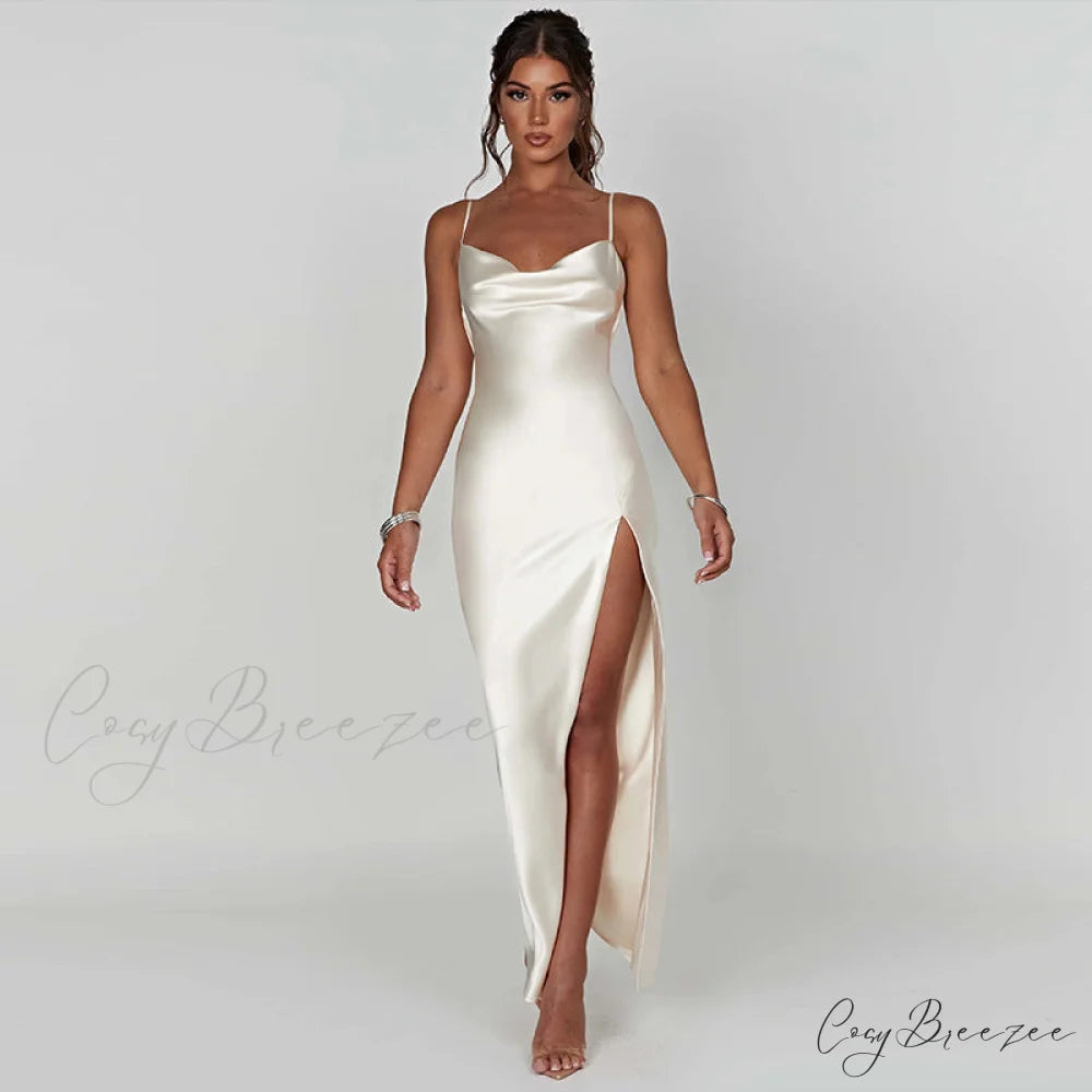 Elegant Women Satin V-neck Low Cut Spaghetti Strap Backless Ruched High Split Party Female Vestidos