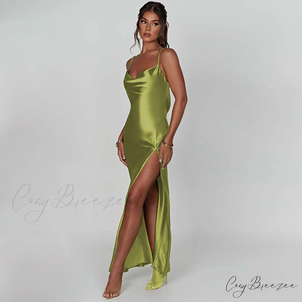 Elegant Women Satin V-neck Low Cut Spaghetti Strap Backless Ruched High Split Party Female Vestidos