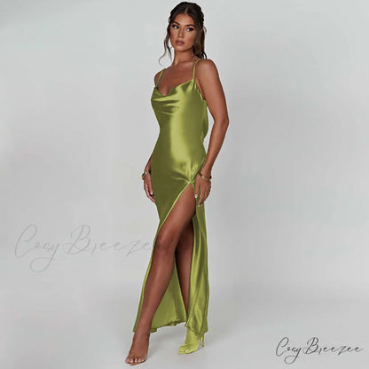 Elegant Women Satin V-neck Low Cut Spaghetti Strap Backless Ruched High Split Party Female Vestidos
