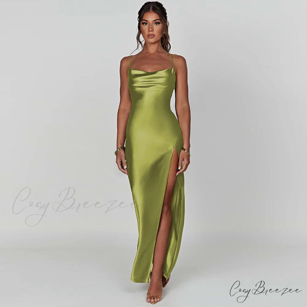 Elegant Women Satin V-neck Low Cut Spaghetti Strap Backless Ruched High Split Party Female Vestidos