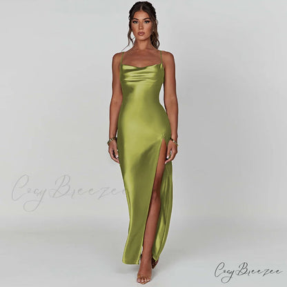 Elegant Women Satin V-neck Low Cut Spaghetti Strap Backless Ruched High Split Party Female Vestidos