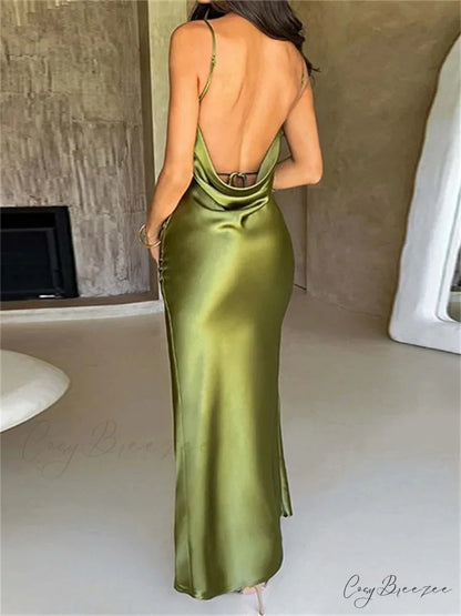 Elegant Women Satin V-neck Low Cut Spaghetti Strap Backless Ruched High Split Party Female Vestidos