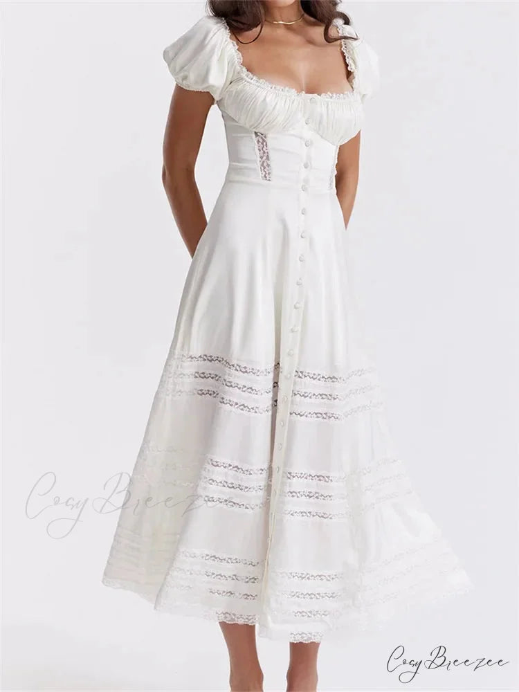 Elegant Women Short Sleeve Front Buttons Up Lace Hollow Out High Waist White OL Summer Vestidos