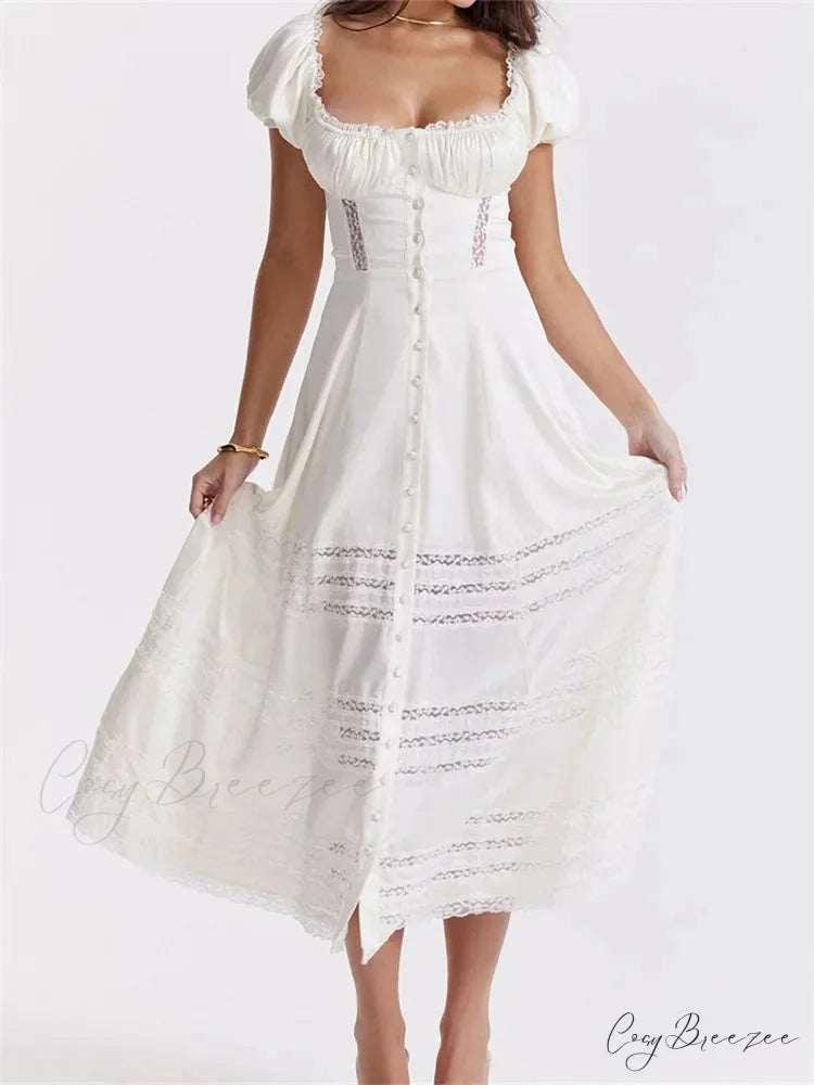 Elegant Women Short Sleeve Front Buttons Up Lace Hollow Out High Waist White OL Summer Vestidos