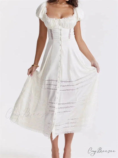 Elegant Women Short Sleeve Front Buttons Up Lace Hollow Out High Waist White OL Summer Vestidos