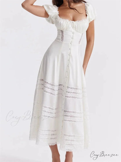 Elegant Women Short Sleeve Front Buttons Up Lace Hollow Out High Waist White OL Summer Vestidos