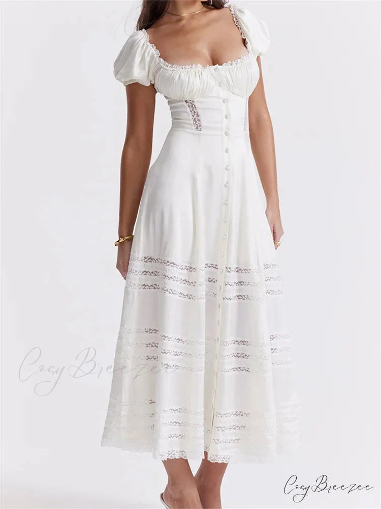 Elegant Women Short Sleeve Front Buttons Up Lace Hollow Out High Waist White OL Summer Vestidos