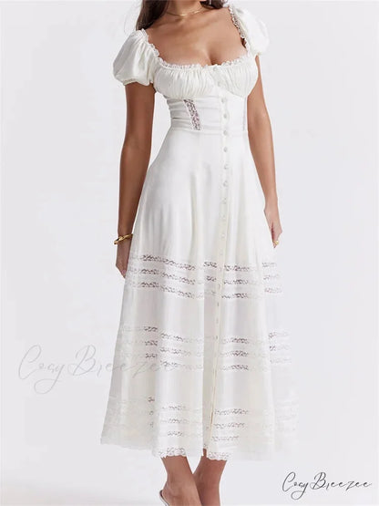 Elegant Women Short Sleeve Front Buttons Up Lace Hollow Out High Waist White OL Summer Vestidos