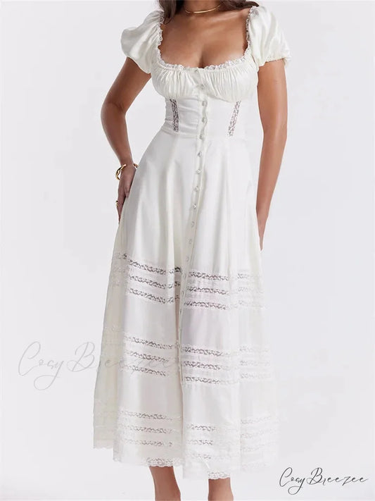 Elegant Women Short Sleeve Front Buttons Up Lace Hollow Out High Waist White OL Summer Vestidos
