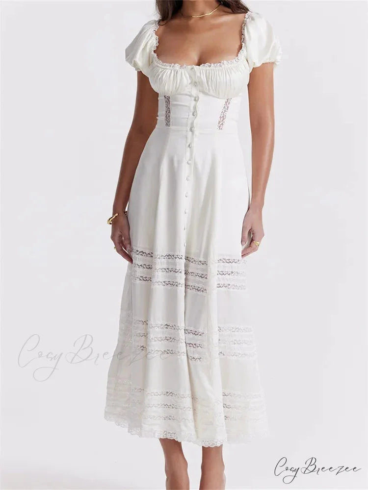 Elegant Women Short Sleeve Front Buttons Up Lace Hollow Out High Waist White OL Summer Vestidos WHITE / S