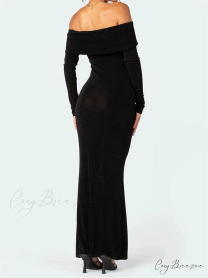Elegant Women Slash Neck Off Shoulder Bodycon Black Solid Sleeve Party Formal Female Vestidos