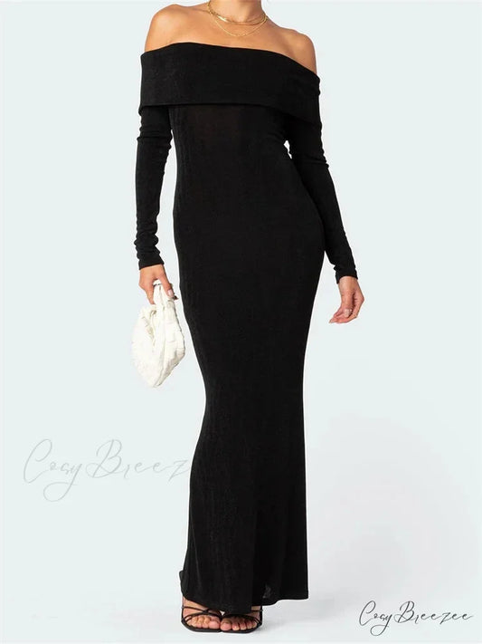 Elegant Women Slash Neck Off Shoulder Bodycon Black Solid Sleeve Party Formal Female Vestidos Black / S
