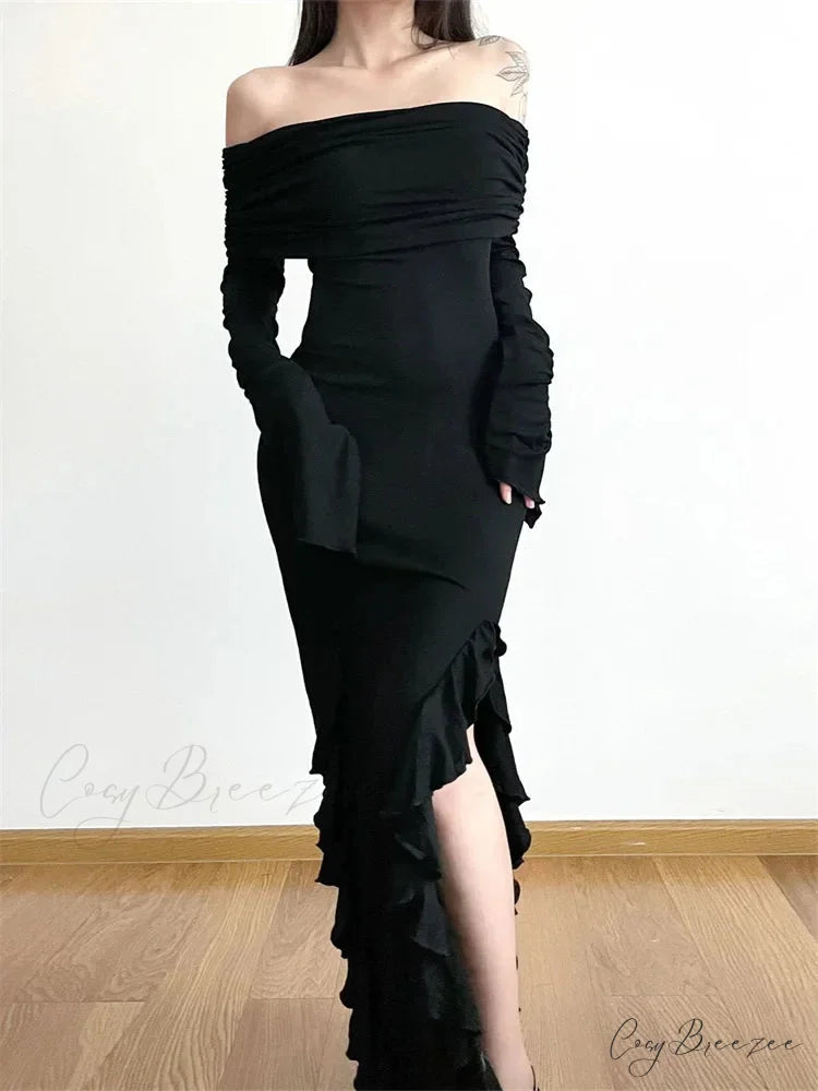 Elegant Women Slash Neck Off Shoulder Flare Sleeve Party Irregular Hem Ruffles Female Vestidos
