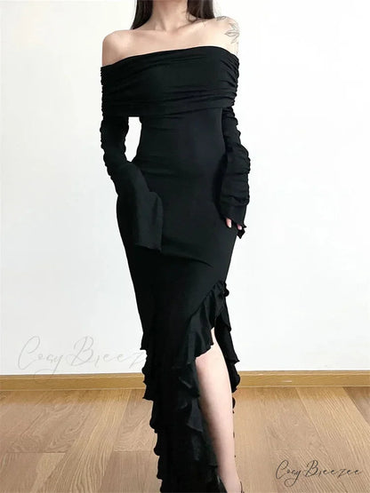 Elegant Women Slash Neck Off Shoulder Flare Sleeve Party Irregular Hem Ruffles Female Vestidos
