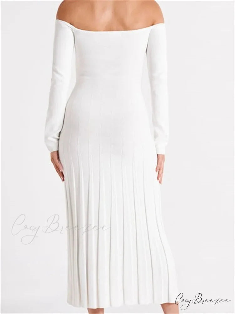 Elegant Women Slash Neck Off-Shoulder Solid Sleeve Backless Party Pleated Slim Vestidos