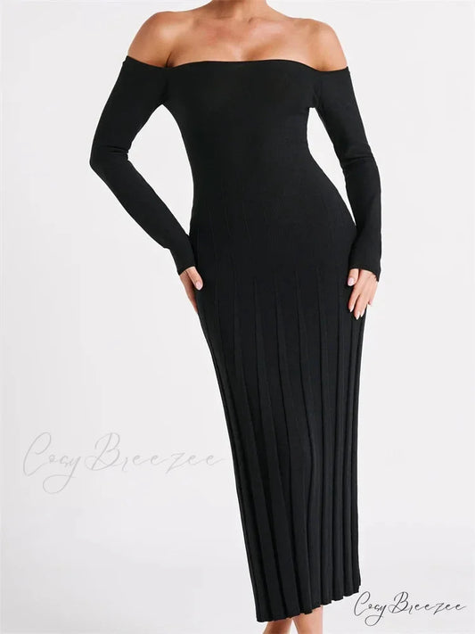 Elegant Women Slash Neck Off-Shoulder Solid Sleeve Backless Party Pleated Slim Vestidos Black / S