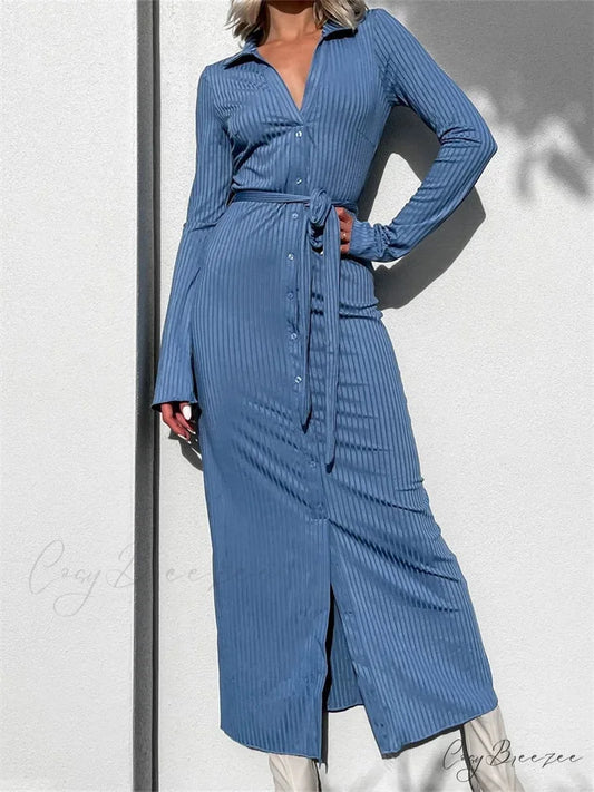 Elegant Women Sleeve Shirt Solid Casual Buttons Up Party Beach Cocktail Club Vestido Streetwear Blue / S