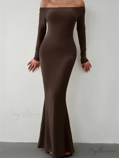 Elegant Women Sleeve Trumpet Solid Slash Neck Off-Shoulder Party Beach Cocktail Club Streetwear CAMEL / S