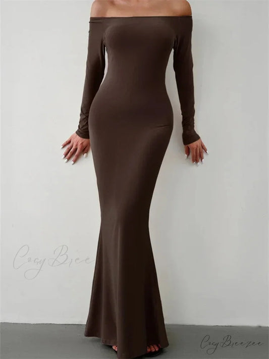 Elegant Women Sleeve Trumpet Solid Slash Neck Off-Shoulder Party Beach Cocktail Club Streetwear CAMEL / S