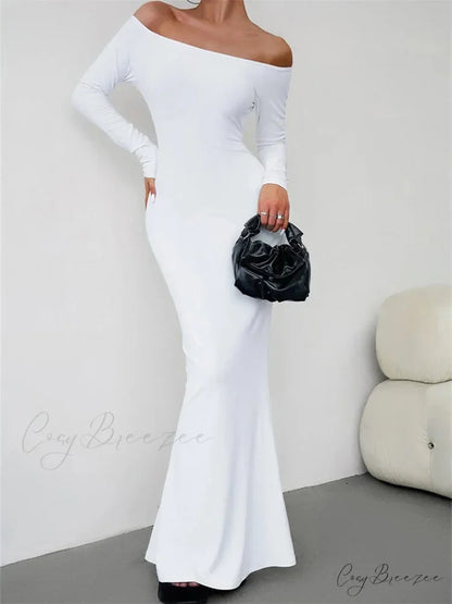 Elegant Women Sleeve Trumpet Solid Slash Neck Off-Shoulder Party Beach Cocktail Club Streetwear WHITE / S
