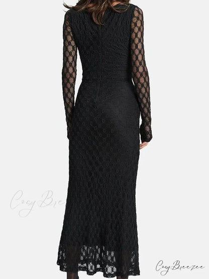 Elegant Women Spring Autumn Party See Through Sleeve Square Neck Lace Floral Slim Fit Vestidos